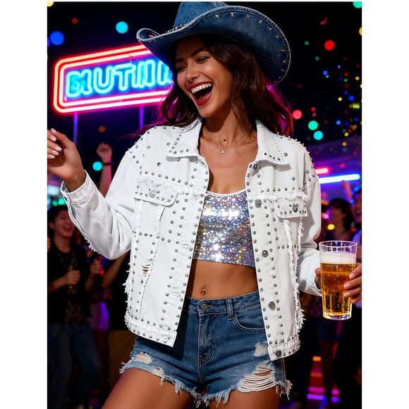 Dressy Studded White Cropped Jean Jacket Women Western Distressed Denim Coat - Picture 5 of 5
